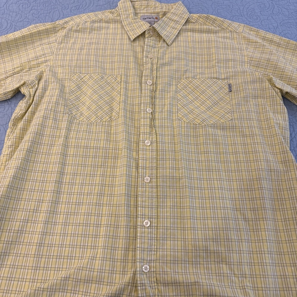 Carhartt Shirt Mens 2XL Tall Yellow Plaid Workwear Button Up Casual Cotton